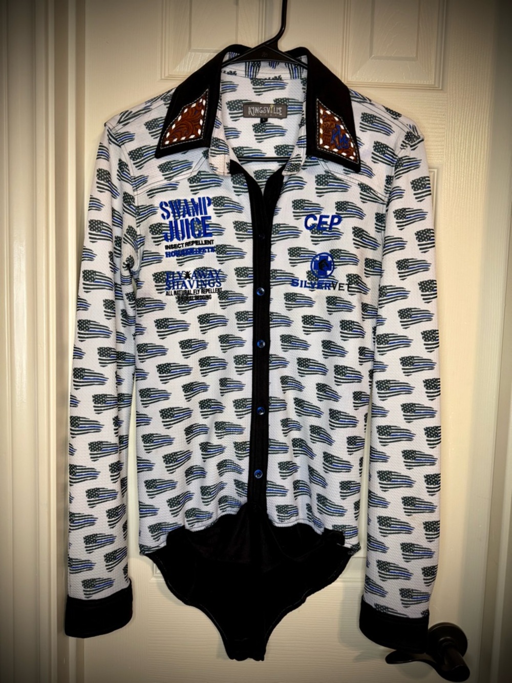 CUSTOM Kingsville Brand Thin Blue Line Button-Up Bodysuit - White, Black & Blue